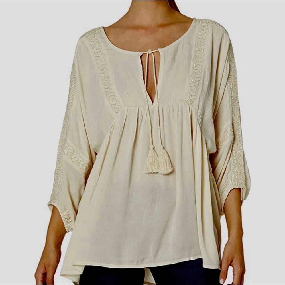 Billabong Boho Peasant Blouse Top Size S Small Tassel Tie Cream Shirt